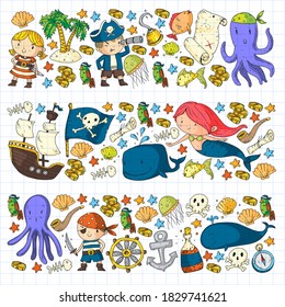 Pirata vectorial ambientado al estilo de las caricaturas. Dulce carta con piratas, barco, ballena, cangrejo, pulpo, sirena, ron, ancla, tesoro, pescado, isla y loro.