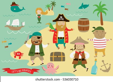 Vector pirate set with cute pirates, mermaid, ship, whale, octopus, crab, ship, steer wheel, anchor and other marine attributes.