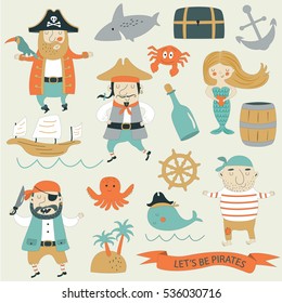 Vector pirate set with cute pirates, mermaid, ship, whale, octopus, crab, ship, steer wheel, anchor and other marine attributes.