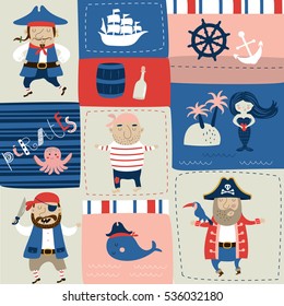 Vector pirate set with cute pirates, mermaid, ship, whale, octopus, crab, ship, steer wheel, anchor and other marine attributes.