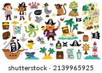 Vector pirate set. Cute sea adventures icons collection. Treasure island illustrations with ship, captain, sailors, chest, map, parrot, monkey, map. Funny pirate party elements for kids.
