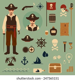 vector pirate set icons, treasure, map,skull illustration