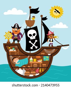 Vector pirate ship scene. Raider vessel interior with pirates, cargo hold, cabin, captain office. Treasure hunt illustration with boat inside, sleeping sailor, parrot. Sea landscape for picture book 
