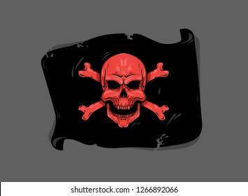 Vector pirate skull emblem on the flag, vector illustration, red devil skull pirate with bones