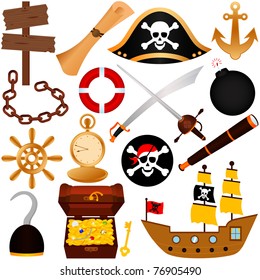 Vector of pirate theme with chest of gold, compass, map, sailing, attacking robbing equipments. A set of cute and colorful icon collection isolated on white background
