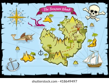 Vector pirate treasure color map. Pirate map and adventure sea, explore map with treasure illustration