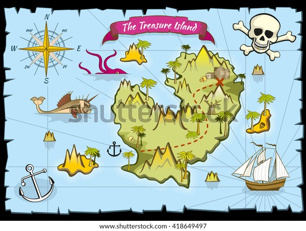 ベクター海賊の宝のカラーマップ 海賊の地図と冒険の海 宝のイラストを使って地図を探す のベクター画像素材 ロイヤリティフリー