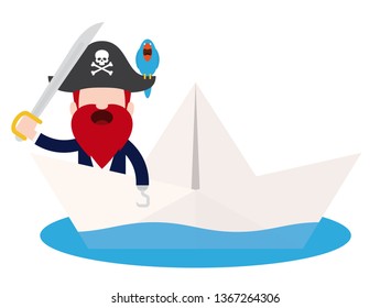 Vector pirate with wooden leg hook and saber in paper ship. Isolated white background.