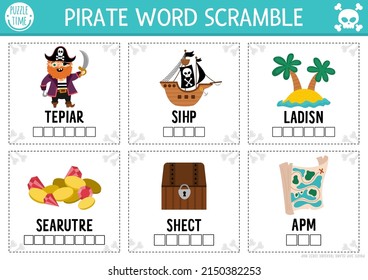 Vector Pirate Word Scramble Activity Page. English Language Game With Ship, Treasure Island, Chest For Kids. Sea Adventures Family Quiz With Map, Parrot. Educational Printable Worksheet.
