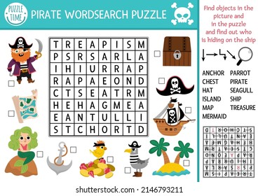 Vector pirate word search puzzle for kids. Simple treasure island word search quiz for children. Sea adventures educational activity with ship, parrot, map, chest. Treasure hunt cross word