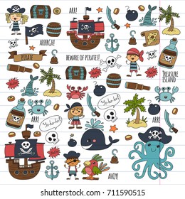 Vector pirates Children cartoon illustration Kids drawing style for kids party in pirate style Octopus, pirate ship, sailor, boy, girl, treasure island