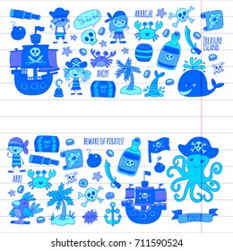 Vector pirates Children cartoon illustration Kids drawing style for kids party in pirate style Octopus, pirate ship, sailor, boy, girl, treasure island
