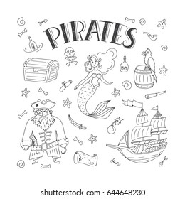 Vector Pirates set in freehand style. Symbols of pirates - hat, sword, guns, treasure chest, ship, flag, captain, skull and crossbones, compass, mermaid, map, parrot.