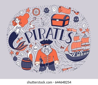 Piratas vectoriales montados en estilo de mano libre. Símbolos de piratas - sombrero, espada, pistolas, cofre del tesoro, barco, bandera, capitán, cráneo y cruces, brújula, sirena, mapa, loro.