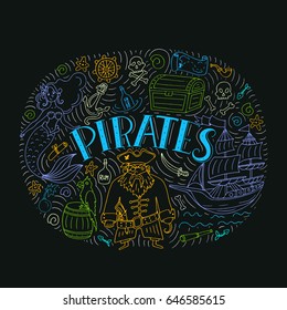 Vector Pirates set in freehand style. Symbols of pirates - hat, sword, guns, treasure chest, ship, flag, captain, skull and crossbones, compass, mermaid, map, parrot.