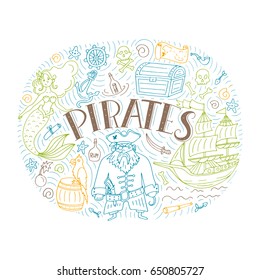 Vector Pirates set in freehand style. Symbols of pirates - hat, sword, guns, treasure chest, ship, flag, captain, skull and crossbones, compass, mermaid, map, parrot.