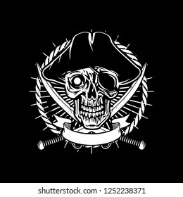 VECTOR PIRATES SKULL HEAD ILLUSTRATION WITH CROSSING SWORD AND BANNER CREST