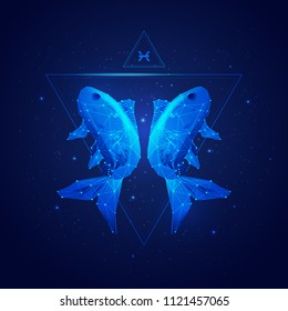 vector of pisces horoscope sign in twelve zodiac with galaxy stars background, vector of polygonal fish