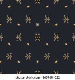 Vector Pisces seamless gold pattern. Repeating Zodiac sign with stars on a black background