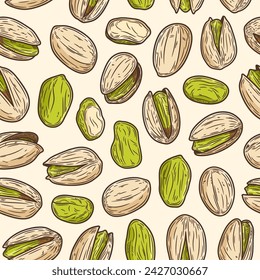 Vector pistachio colorful seamless pattern or background. Pistachio kernels and shells