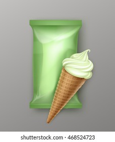 Vector Pistachio Kiwi Mint Soft Serve Ice Cream Waffle Cone with Light Pink Plastic Foil Wrapper for Branding Package Design Close up Isolated on Background