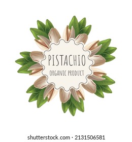 Vector pistachio label for package. Collection with different nuts labels: hazelnut, walnut, pistachio, peanut, brazil nut, cashew, almond. Organic and natural food. Craft background