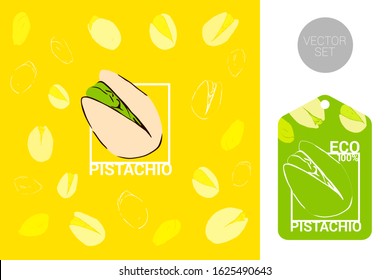 Vector Pistachio nut design element. Hand drawn label in yellow and green colors. Ready to use. 100% eco Pistachios tag. Creative nut sticker ready for print and web