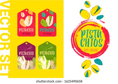 Vector pistachio nut design element. Hand drawn colorful labels. Nut illustrations with brush stroke elements ready to use for print and web. 100% organic pistachios tag set. Creative nut stickers