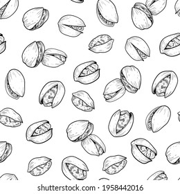 Vector pistachios drawn sketch. Vector seamless pattern. Vintage style. Botanical drawing. Nut collection. 