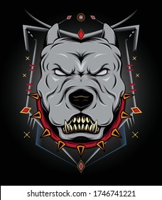 Vektor Pitbull Maskottchen Emblem Design-Vorlage. T-Shirt Design mit Pitbull sieht gefährlich aus. Grunge Illustration Art.