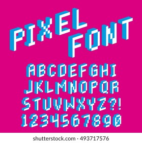 Vector Pixel 3D Font Alphabet And Numbers Isolated