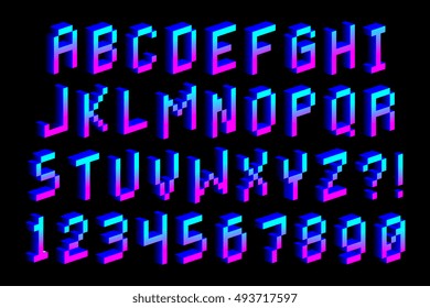 Vector Pixel 3D Font Alphabet And Numbers Isolated