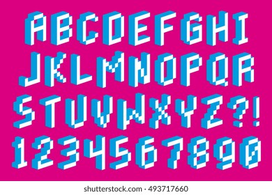 Vector Pixel 3D Font Alphabet And Numbers Isolated