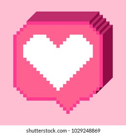 Vector pixel 8 bit 3D pink bubble with white heart like sign. Social networks notification icon.  