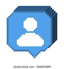 Vector pixel 8 bit 3D blue bubble with white human figure, subscriber sign. Social networks notification icon.