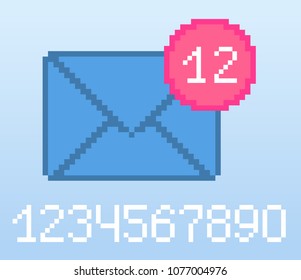 Vector Pixel 8 Bit Blue E-mail Notification With Pink Circle And Digits. 0-9 Digits Set. Social Networks Notification Icon.