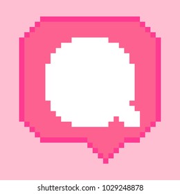 Vector pixel 8 bit pink bubble with white comment sign. Social networks notification icon. 