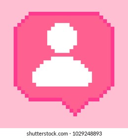 Vector pixel 8 bit pink bubble with white subscriber follower sign. Social networks notification icon. 