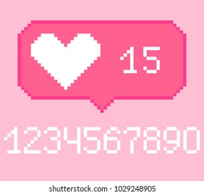 Vector pixel 8 bit pink bubble with white heart like sign with number. 0-9 digits set. Social networks notification icon. 