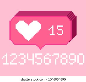 Vector pixel 8 bit pink 3D bubble with white heart like sign with number. 0-9 digits set. Social networks notification icon.