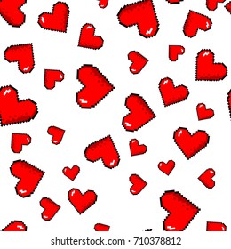 Vector pixel 8 bit red hearts seamless pattern. White background