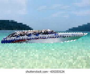 vector pixel , abstract background of boat in sea and mountain view