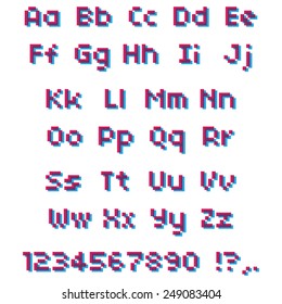 Vector pixel alphabet. Pink and blue letters and numbers.