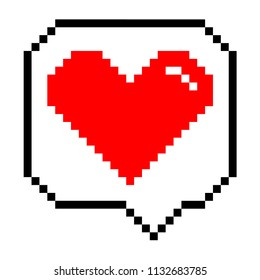 Vector pixel art 8 bit black speech bubble with red heart like sign. Social networks notification icon