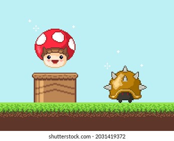 Vector pixel art  8 bit game scene with mushroom. Pixelart jumping mushroom for game.