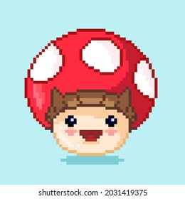 Vector Pixel Art  8 Bit Game Scene With Mushroom. Pixelart Jumping Mushroom For Game.