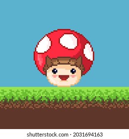 Arte de píxeles vectoriales de 8 bits de escena de juego con hongos. Pixelart saltando hongos para el juego.