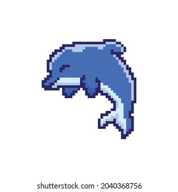 Vector pixel art or 8 bit cartoon jumping dolphin isolated