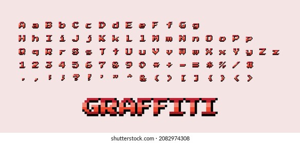 Vector pixel art 8 bit style graffiti abc alphabet capital uppercase, lowercase, numbers, special symbols letter character icon set, white with black outline