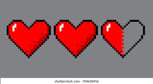 Arte de píxeles vectorial 8 bits estilo corazones para el juego. Colorida ilustración estilizada con el concepto de modo de juego de vidas gastables. Dos corazones completos y uno en medio.